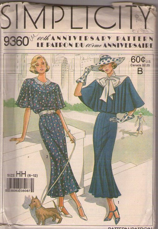 Simplicity 9360 Vintage 80's Sewing Pattern Town Dress, Discontinued 60th Anniversary 1920s Capelet Fluted Dress, Repro Size 6-12 UNCUT