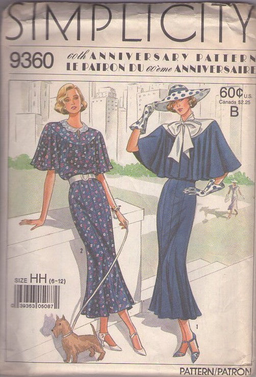 Simplicity 9360 Vintage 80's Sewing Pattern Town Dress, Discontinued 60th Anniversary 1920s Capelet Fluted Dress, Repro Size 6-12 CUT