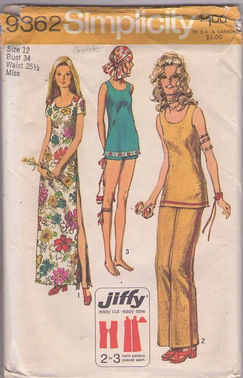 Simplicity 9362 Vintage 70's Sewing Pattern Jiffy Summer Set, Scoop Neck Tunic Top Blouse, HIGH Slit Maxi Gown Dress Size 12