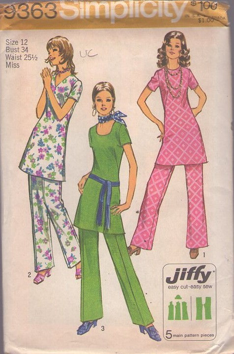 Simplicity 9363 Vintage 70's Sewing Pattern Jiffy Mod Separates, Hostess Tunic Top Mini Dress & Flared Pants Size 12