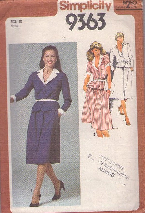 Simplicity 9363 Vintage 80's Sewing Pattern Secretary Suit Dress, Jacket Top Blouse, Flared A-Line Skirt with Pockets Size 10