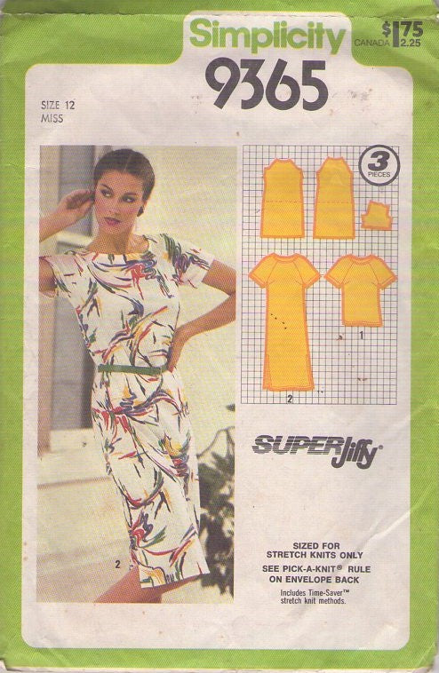 Simplicity 9365 Vintage 80's Sewing Pattern Casual Knit Separates, Raglan Sleeve Tshirt Top, Dress Size 12
