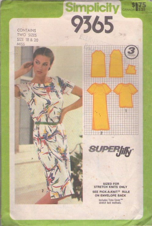 Simplicity 9365 Vintage 80's Sewing Pattern Casual Knit Separates, Raglan Sleeve Tshirt Top, Dress Size 18-20