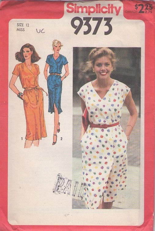 Simplicity 9373 Vintage 80's Sewing Pattern Secretary Dress Set, Front Wrap Double Breasted Buttons Kimono Sleeve Dress Set Size 12