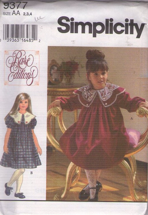 Simplicity 9377 Vintage 90's Sewing Pattern Girl's Dress Set, Rare Editions Fancy Holiday Party Styles Size 2-4