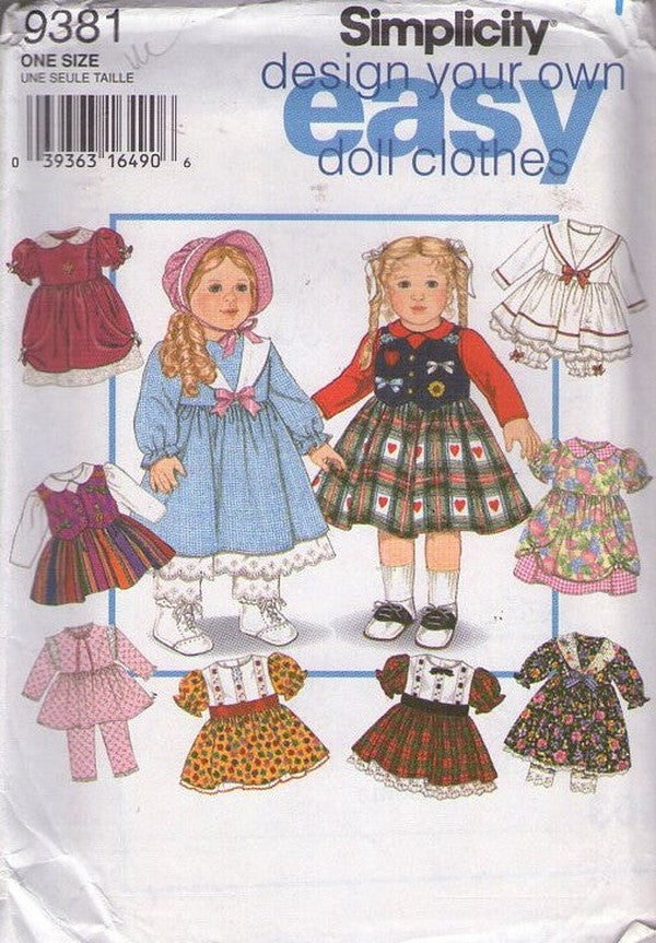 Simplicity 9381 Vintage 90's Sewing Pattern Doll Clothes Wardrobe, 18" American Girl Dress, Pajamas, Sailor Outfit, Bloomers, Pantaloons