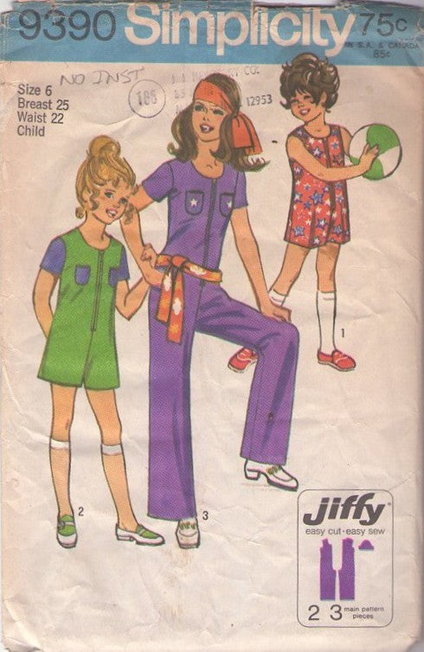Simplicity 9390 Vintage 70's Sewing Pattern Girl's Jumpsuits, Disco Jiffy Scoop Neck Front Zippered Romper, Jumpsuit, Onesie Playsuit Set Size 4