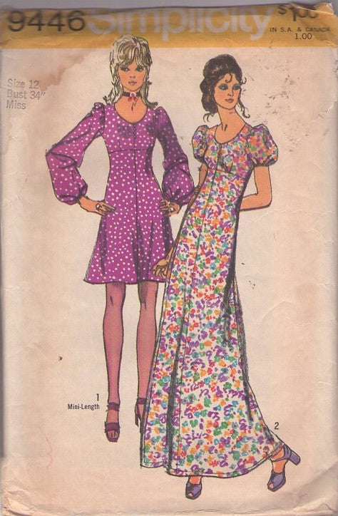 Simplicity 9446 Vintage 70's Sewing Pattern Boho Dress Set, Scoop Neck, High Empire Waist Balloon Sleeve Dress, Long Flared Hawaiian Cruise Maxi Gown Size 12