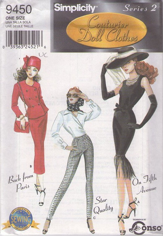 Simplicity 9450 Retro 2000 Sewing Pattern Couturier Doll Clothes, Fancy Wardrobe, 15.5" Gene or Tyler Wentworth Fashion Dolls Dress, Suit, Top, Pants Size 15.5