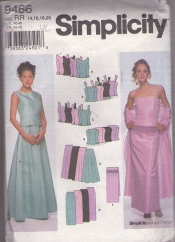 Simplicity 9466 Retro 2000 Sewing Pattern Corset Top, Bustier, Slim or Flared Skirt, Formal Prom, Bridesmaid 2 Pc Dress Size 14-20