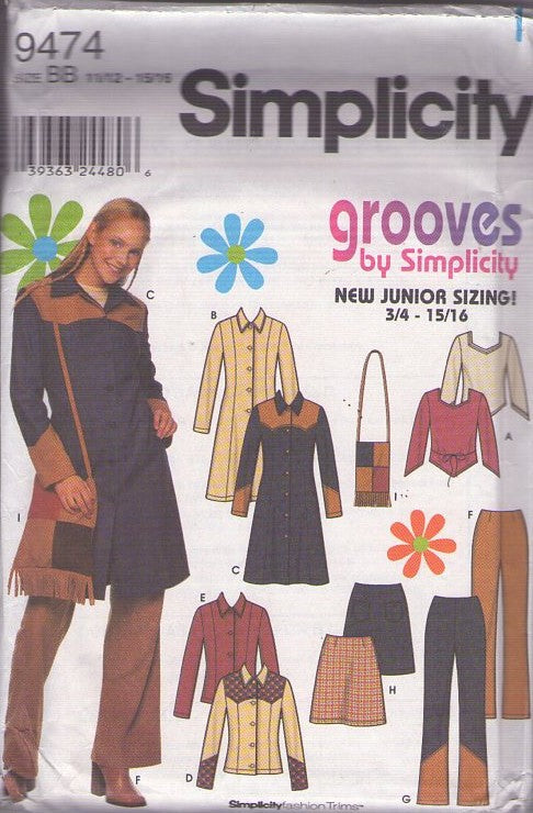 Simplicity 9474 Retro 2000 Sewing Pattern Grooves Separates, Yoked Western Blouse, Shirt, Contrast Pants, Coat, Jacket, Top, Skirt & Patchwork Purse Bag Size 11/12-15/16