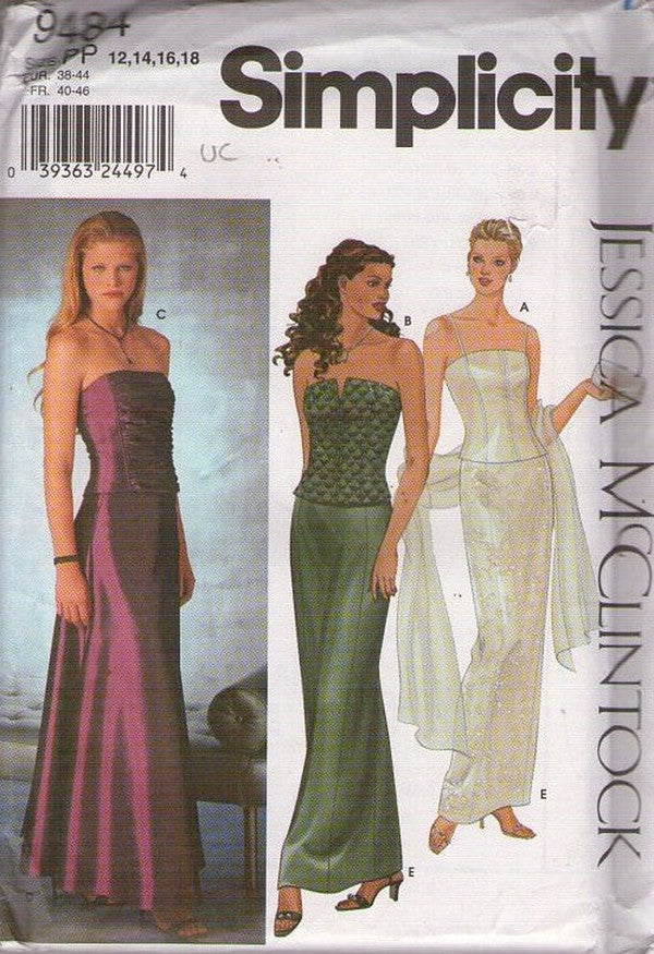 Simplicity 9484 Retro 2000 Sewing Pattern Formal Bustier, Long Skirt, 2Pc Prom Dress, Bridal Gown, Designer Jessica McClintock Size 12-18