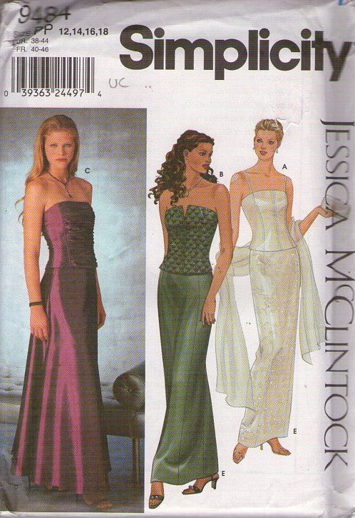 Simplicity 9484 Retro 2000 Sewing Pattern Formal Bustier, Long Skirt, 2Pc Prom Dress, Bridal Gown, Designer Jessica McClintock Size 12-18