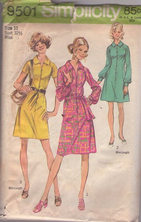 Simplicity 9501 Vintage 70's Sewing Pattern Mod Day Dress, Secretary Button & Loop Front Step In Raglan Sleeve Day Dress, 3 Styles Size 10