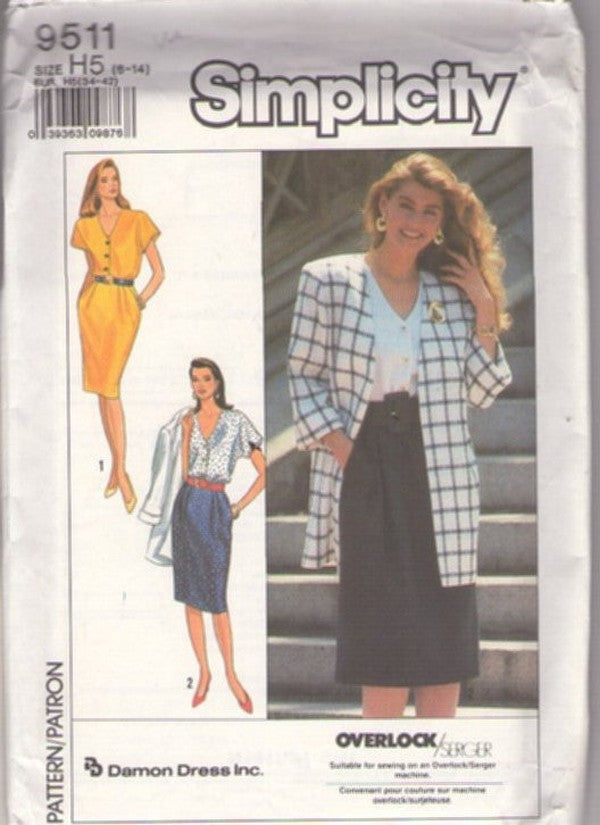 Simplicity 9511 Vintage 80's Sewing Pattern Secretary Dress, Coat, V Neck Blouson Shirtwaist Slim Skirt, Optional Contrast Top Day Dress, Long Over the Hips Blazer Suit Jacket Size 6-14