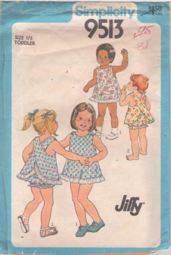 Simplicity 9513 Vintage 80's Sewing Pattern Baby Jiffy Sunsuit, Criss Cross Straps Apron Top, Bloomers Panties Size 1/2