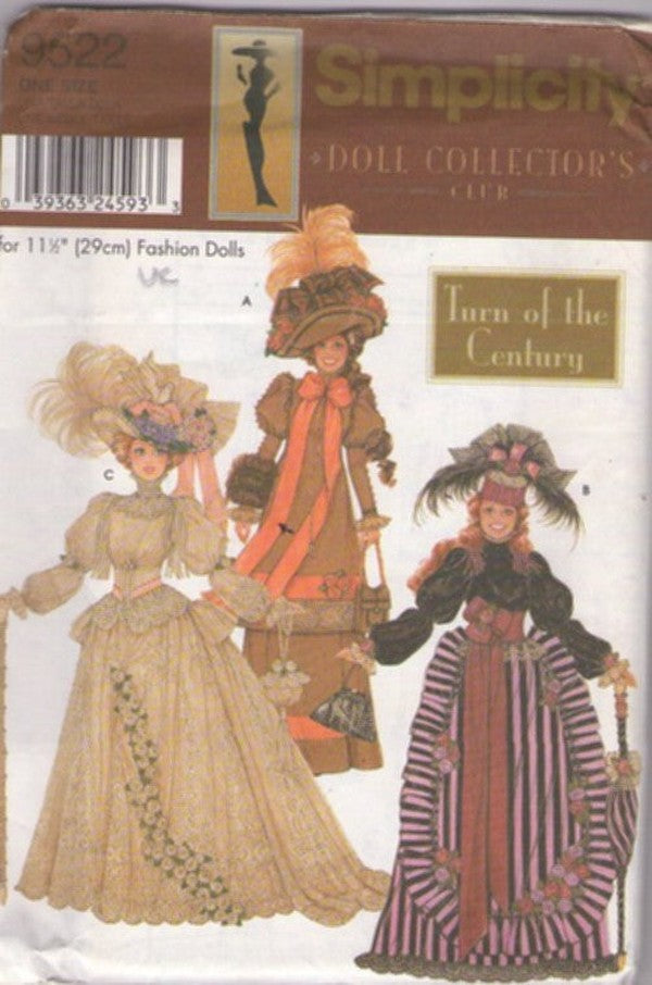 Simplicity 9522 Retro 2000 Sewing Pattern Doll Crafts, Turn of the Century Doll Collector's Club Victorian Fancy Dress, Dinner Gown, Wedding Dress, Hats, Parasol 3 Styles Size 11.5