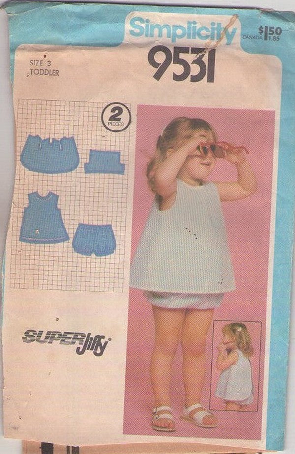 Simplicity 9531 Vintage 80's Sewing Pattern Girls' Wrap Sun Dress, Bloomers Panties, Sunsuit Size 3