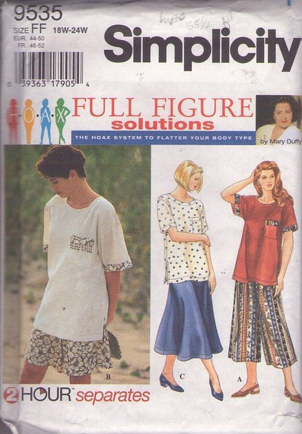 Simplicity 9535 Vintage 90's Sewing Pattern Full Figure Solutions Oversized Tshirt Top Shirt, Capri Gauchos Pants, Skirt, Size 18W-24W