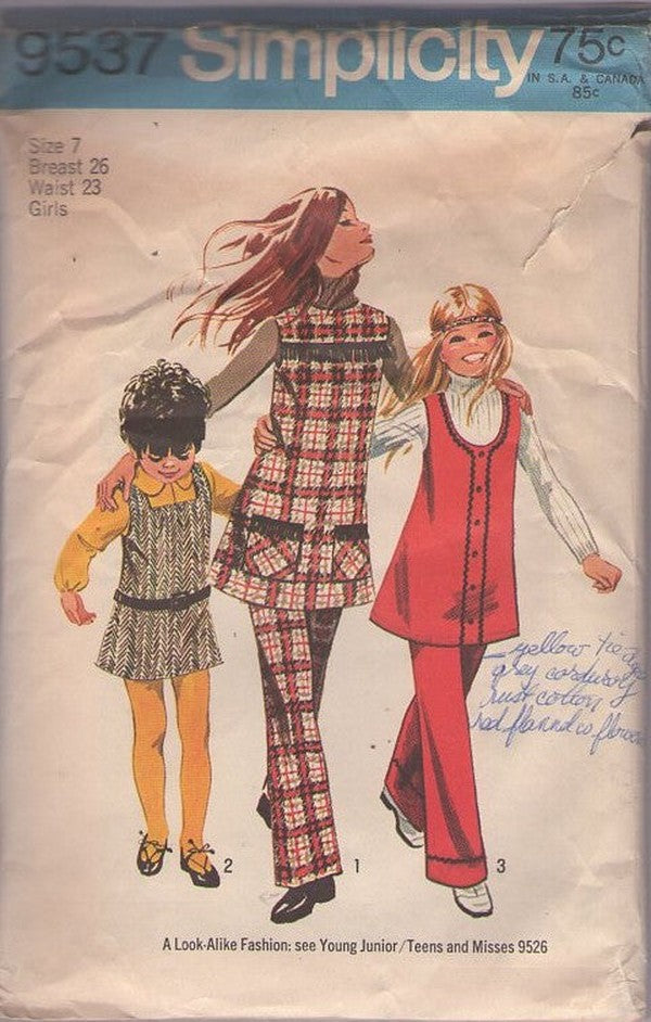 Simplicity 9537 Vintage 70's Sewing Pattern Girl's Dress, Pants, Brady Bunch Era 3 Neckline Tunic Top, Mini Jumper Dress, Pants, Pantsuit Size 7