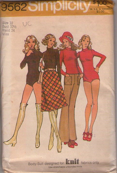 Simplicity 9562 Vintage 70's Sewing Pattern Disco Leotard, Bodysuit, Skirt, Hip Hugger Pants Size 10