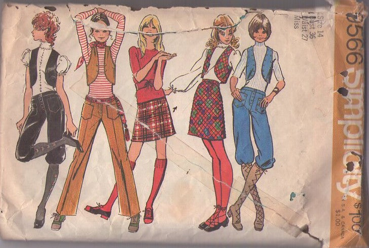 Simplicity 9566 Vintage 70's Sewing Pattern Disco Separates, Pull On Gaucho, Knickers, A-Line Mini Skirt, Vest, Knits Top Size 14