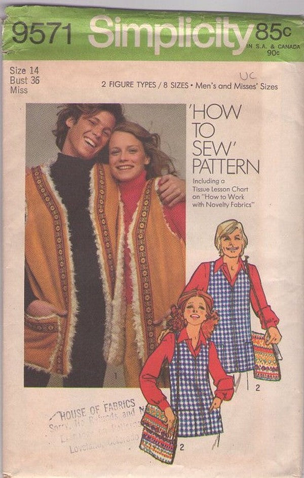 Simplicity 9571 Vintage 70's Sewing Pattern Sonny & Cher Vests, Hippie Faux Leather Biker Festival Sherpa Fur Lined Vest Jacket, Coat & Flap Purse, Bag Size 14