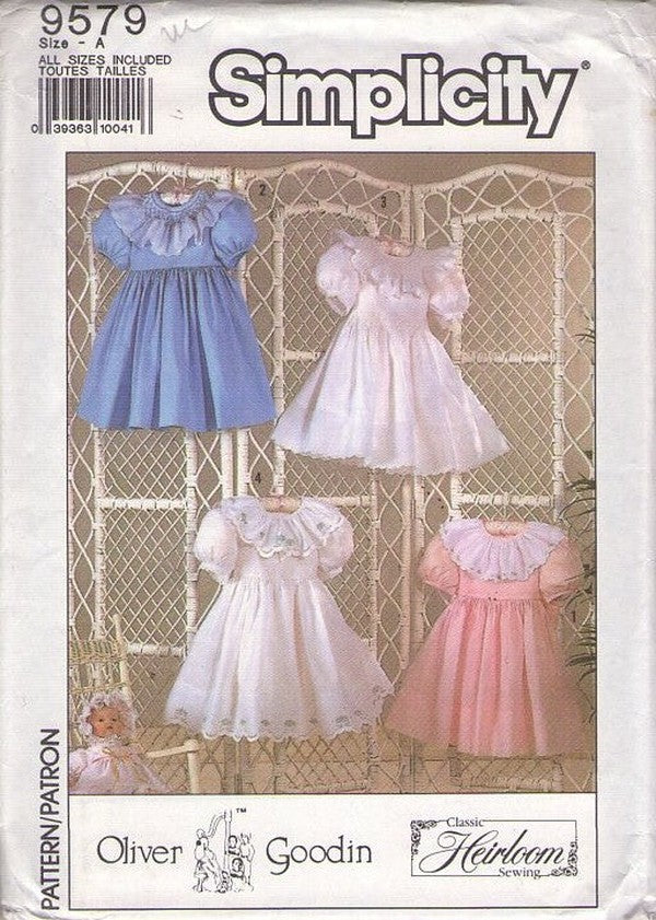 Simplicity 9579 Vintage 90's Sewing Pattern Girl's Fancy Dress, Classic Heirloom by Designer Oliver Goodin, Puff Sleeves, Full Skirt, Tie Back 4 Styles Size 3-8