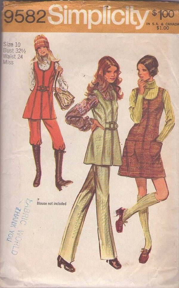 Simplicity 9582 Vintage 70's Sewing Pattern Mod Pantsuit, Zipper Front Tunic Top, Mini Jumper Dress, Pants Size 10