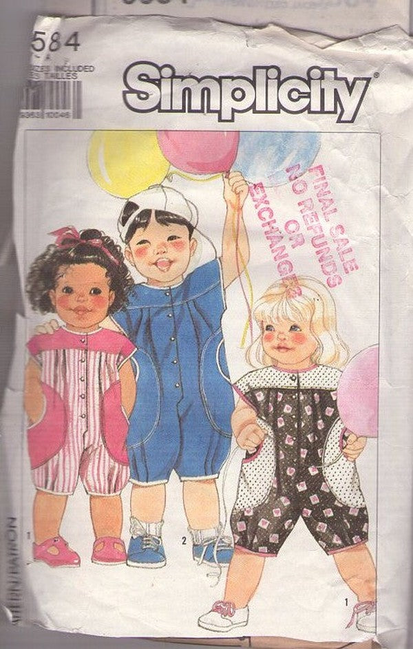 Simplicity 9584 Vintage 90's Sewing Pattern Toddler Loose Fit Romper, Bubble Jumpsuit, Sunsuit in 2 Styles Size 1/2-3