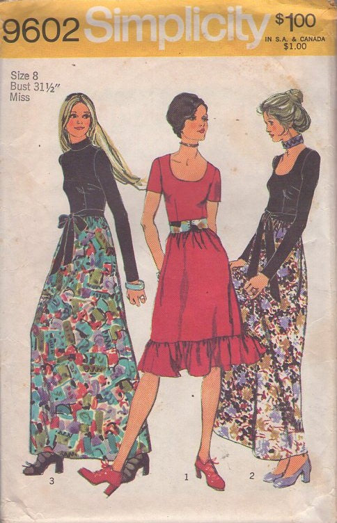 Simplicity 9602 Vintage 70's Sewing Pattern Boho Dress Set, Contrast Top Hostess Maxi Gown, Scoop Neck Ruffled Cocktail Party Dress, 3 Styles Size 8