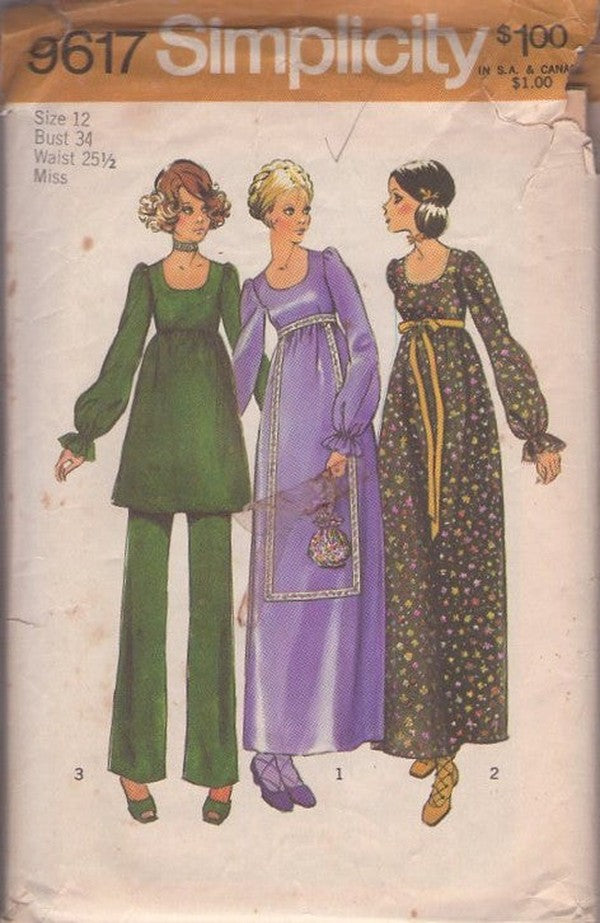Simplicity 9617 Vintage 70's Sewing Pattern Peasant Dress, Gunne Sax Styles Boho Maxi Gown, Dress, Pants Size 12