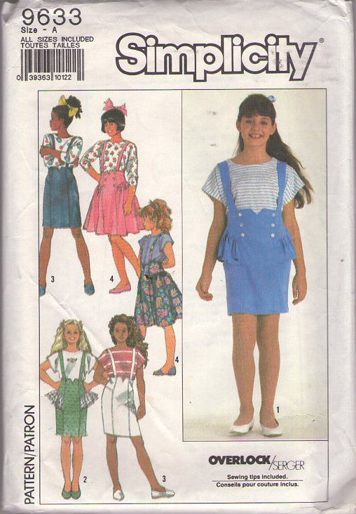 Simplicity 9633 Vintage 90's Sewing Pattern Girl's Jumpers, New Wave Criss Cross Straps Skirt Variations, Slim, Ruffles, Button Trim & Oversized Tshirt Top All Sizes 7-14