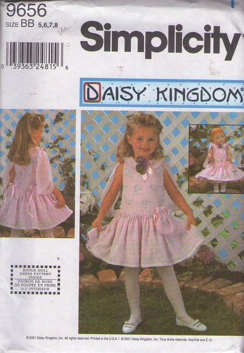 Simplicity 9656 Retro 2001 Sewing Pattern Girl's Summer Dress, Daisy Kingdom, Drop Waist Party Dress with Capelet Sleeves, Matching 18 Doll Outfit Size 5-8