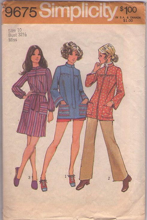Simplicity 9675 Vintage 70's Sewing Pattern Mod Smock Tops, Artsy Shirred Yoke Nehru Collar Front Zippered Smock Top, Blouse, Dress Set Size 10