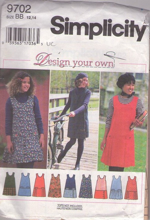 Simplicity 9702 Vintage 90's Sewing Pattern Mod Style Jumper, Dress, Design Your Own Fashion Styles Size 12-14