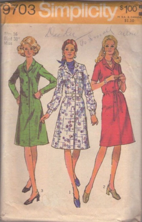 Simplicity 9703 Vintage 70's Sewing Pattern Mod Step In Dress, Secretary Day Dress, 3 Styles Size 16