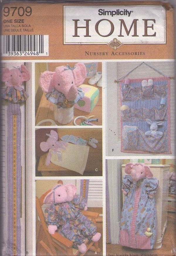 Simplicity 9709 Retro 2001 Sewing Pattern Home Nursery Accessories, Elephant Theme Baby Organizer, Diaper Stacker, Blanket, Toy