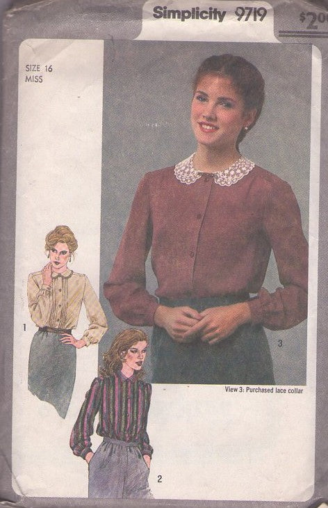 Simplicity 9719 Vintage 80's Sewing Pattern Secretary Blouses, Geek Lace Collar, Pin Tucks, Modest Blouse, Shirt Set 3 Styles Size 16