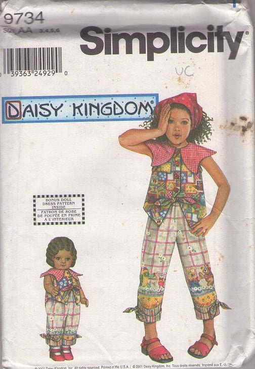 Simplicity 9734 Retro 2001 Sewing Pattern Girl's Top & Pants, Daisy Kingdom, Petal Collar Shaped Front Summer Blouse, Border Print Capri Pants, Pantsuit & Matching 18 Doll Outfit Size 3-6