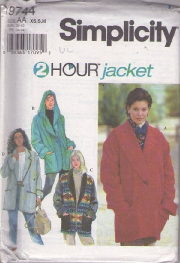 Simplicity 9744 Retro 90's Sewing Pattern Easy 2 Hour Jacket, Coat Set, Shawl Collar, Draped Hood, Pockets, Fleece, 4 Styles Size XS-M