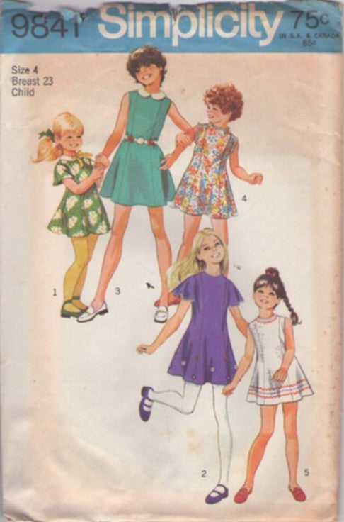 Simplicity 9841 Vintage 70's Sewing Pattern Girl's Mod Dress Set, Princess Seams, Flared Skirt, 5 Styles Size 4