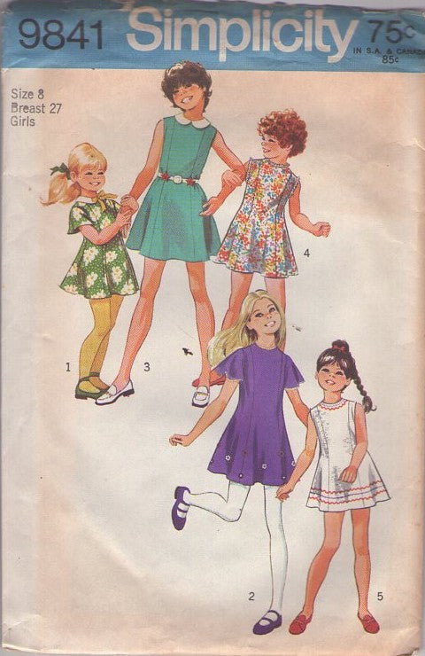 Simplicity 9841 Vintage 70's Sewing Pattern Girl's Mod Dress Set, Princess Seams, Flared Skirt, 5 Styles Size 8