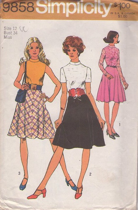 Simplicity 9858 Vintage 70's Sewing Pattern Secretary Dress Set, 1 Piece Dress with 2 Piece Look Contrast Flared Skirt 3 Styles Size 12