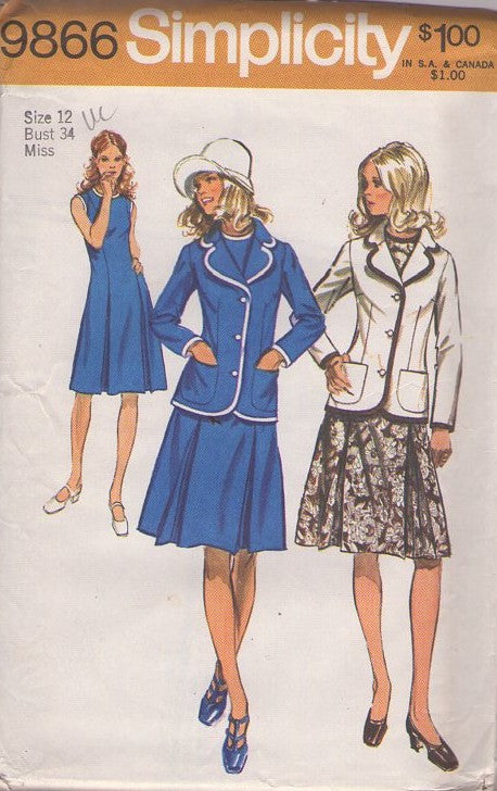 Simplicity 9866 Vintage 70's Sewing Pattern Secretary Dress & Jacket, Inverted Skirt Pleats Dress, Band Trim Blazer Suit Jacket Size 12