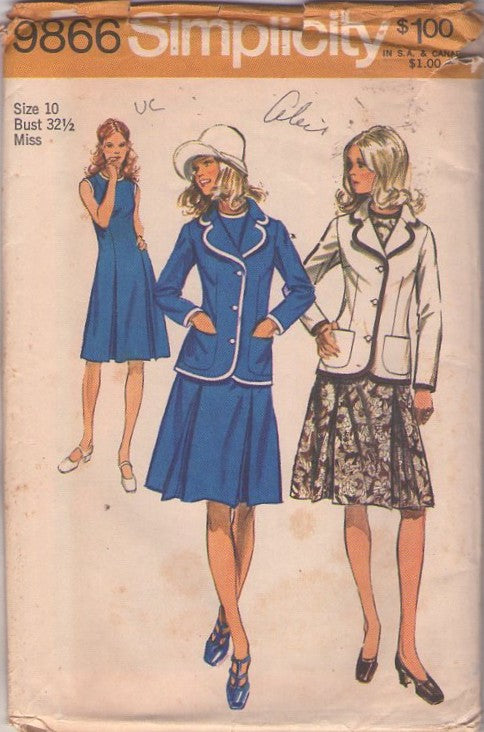 Simplicity 9866 Vintage 70's Sewing Pattern Secretary Dress & Jacket, Inverted Skirt Pleats Dress, Band Trim Blazer Suit Jacket Size 10