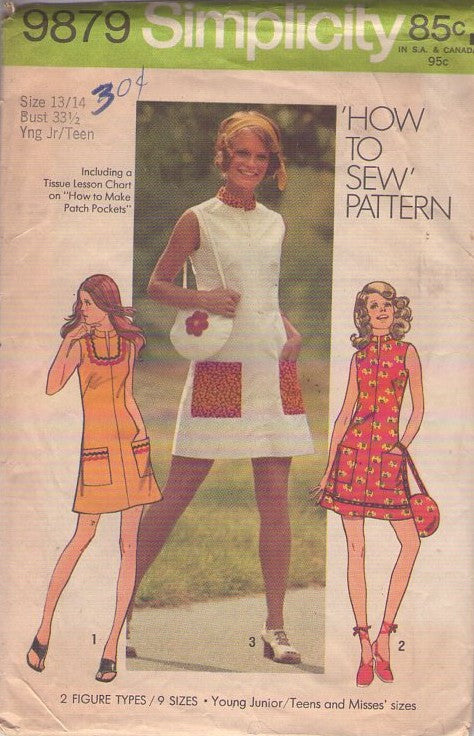 Simplicity 9879 Vintage 70's Sewing Pattern Mod Mini Dress, Pockets, Round Purse, Bag Size 13/14