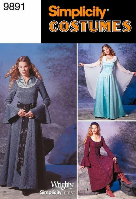Simplicity 9891 0613 Retro 2001 Sewing Pattern Cosplay Costumes, Medieval LOTR Princess Bride Gown, Corset Front, Bell or Wing Sleeves Game of Thrones 6-12