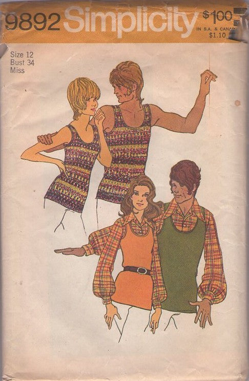 Simplicity 9892 Vintage 70's Sewing Pattern Summer Shirts, Scoop Neck Tank Top, Pointed Collar Shirt, Sweater Set Look Size 12
