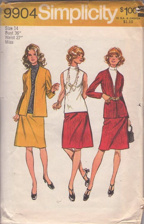 Simplicity 9904 Vintage 70's Sewing Pattern Secretary Wardrobe, Turtle Neck Top, A-Line Skirt, Cardigan Suit Jacket Size 14